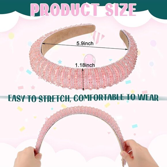 Rhinestone Headbands 2-Pack Pink Green Beaded Hair Accessories for Party